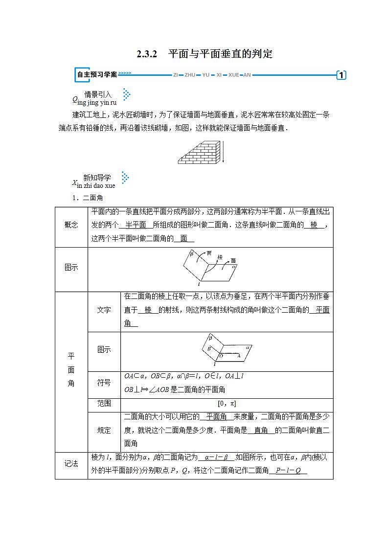 人教A版高中数学必修2-2.3.2　平面与平面垂直的判定教案01