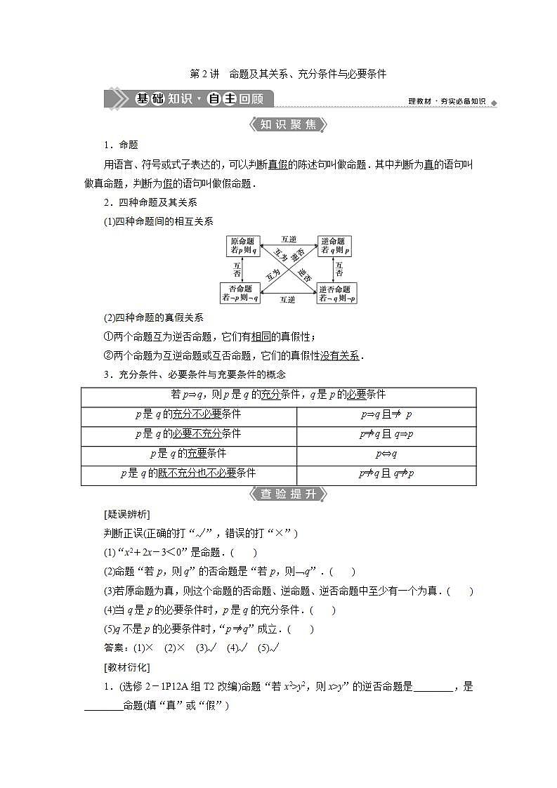 新高考数学一轮复习教师用书：第一章　2 第2讲　命题及其关系、充分条件与必要条件学案01