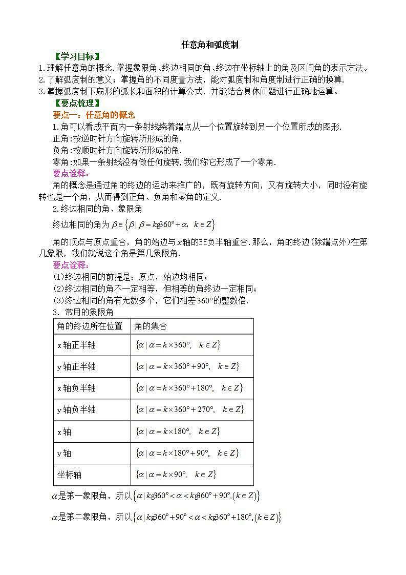 5.1任意角和弧度制_提高教案01