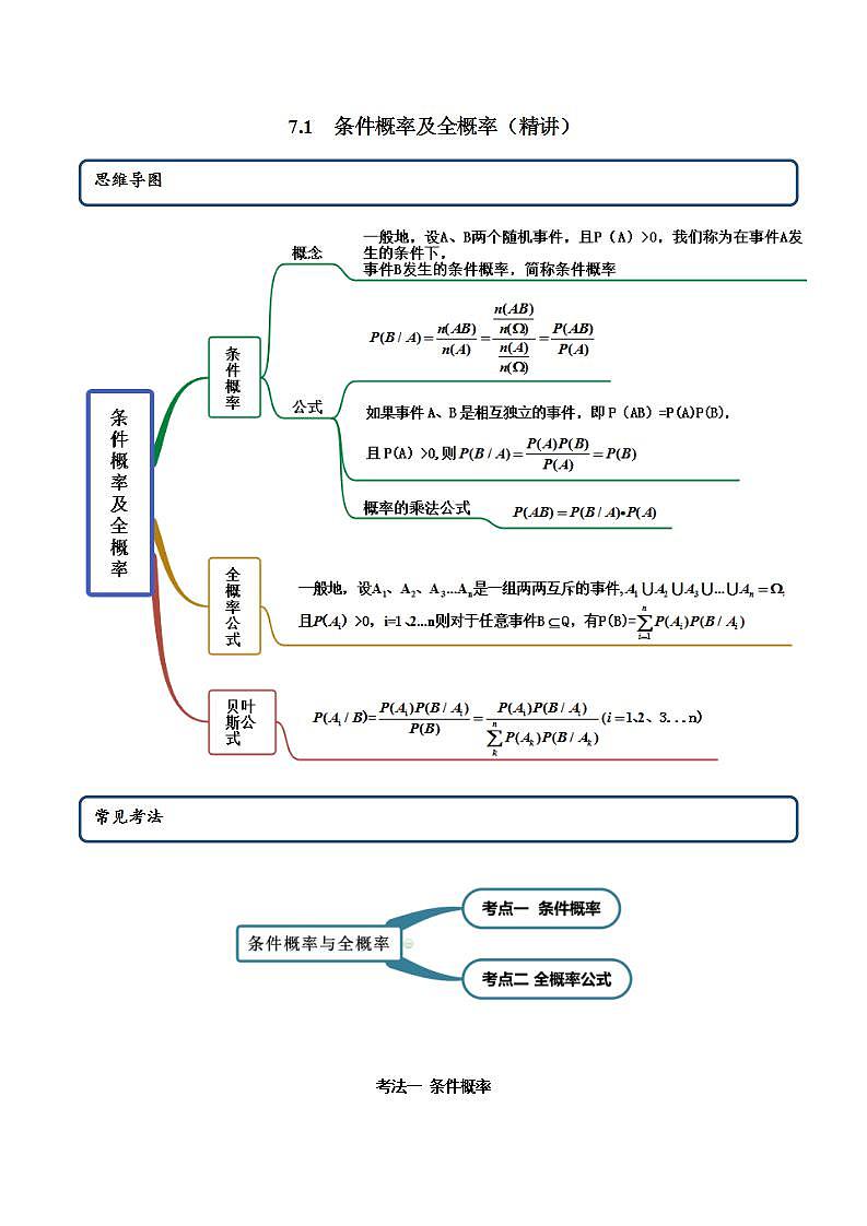 2021年人教版高中数学选择性必修第三册7.1《条件概率及全概率》同步精讲（解析版）学案第1页