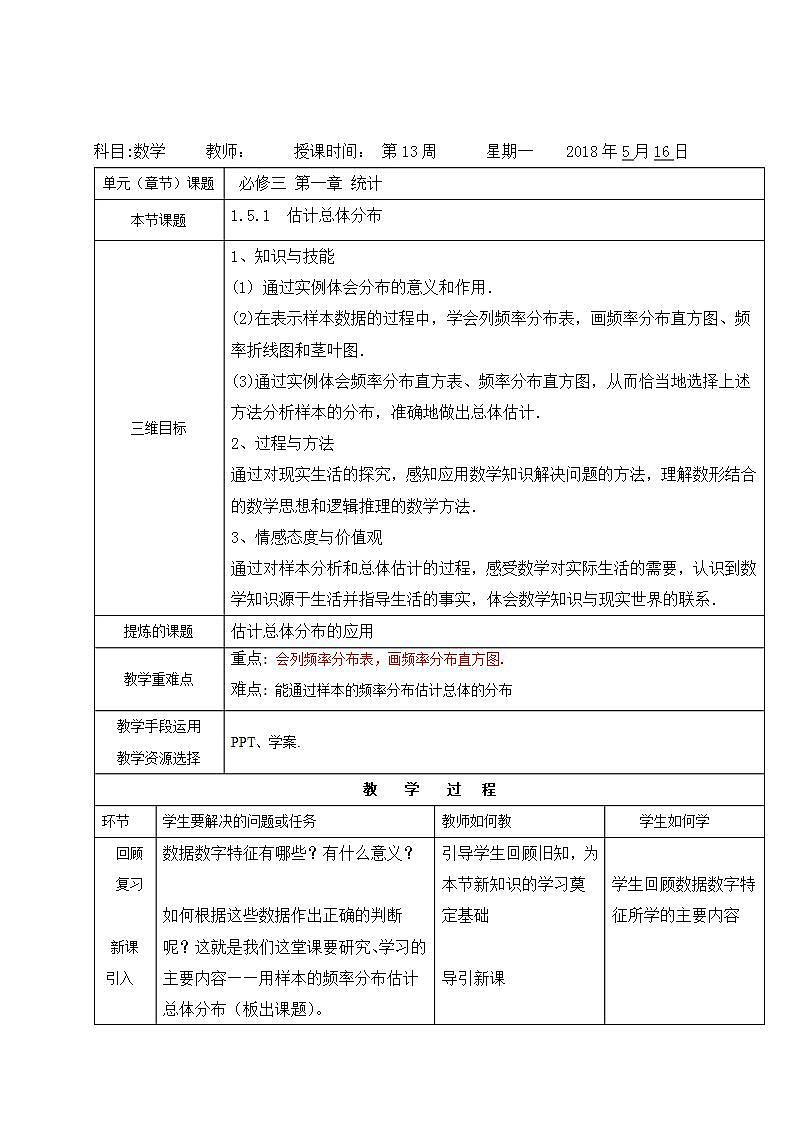 高中数学北师大版必修三 1.5.1估计总体的分布 教案01