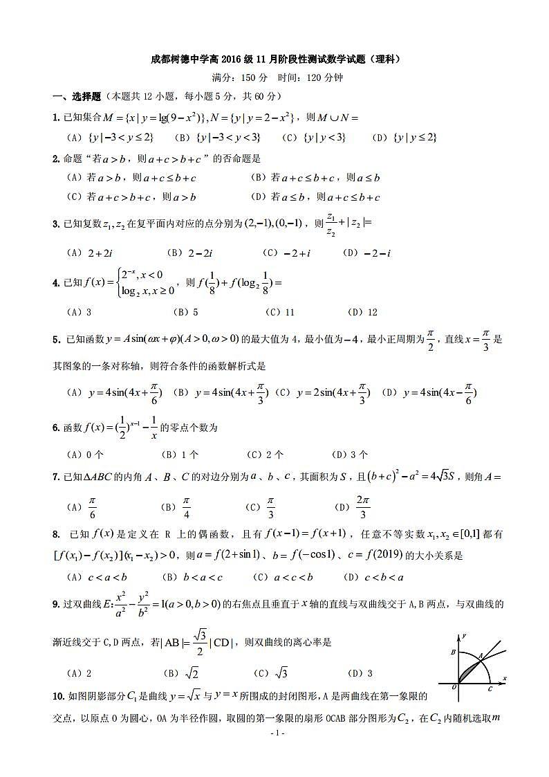 2019届四川省成都市树德中学高三11月阶段性测试数学（理）试题（PDF版）01