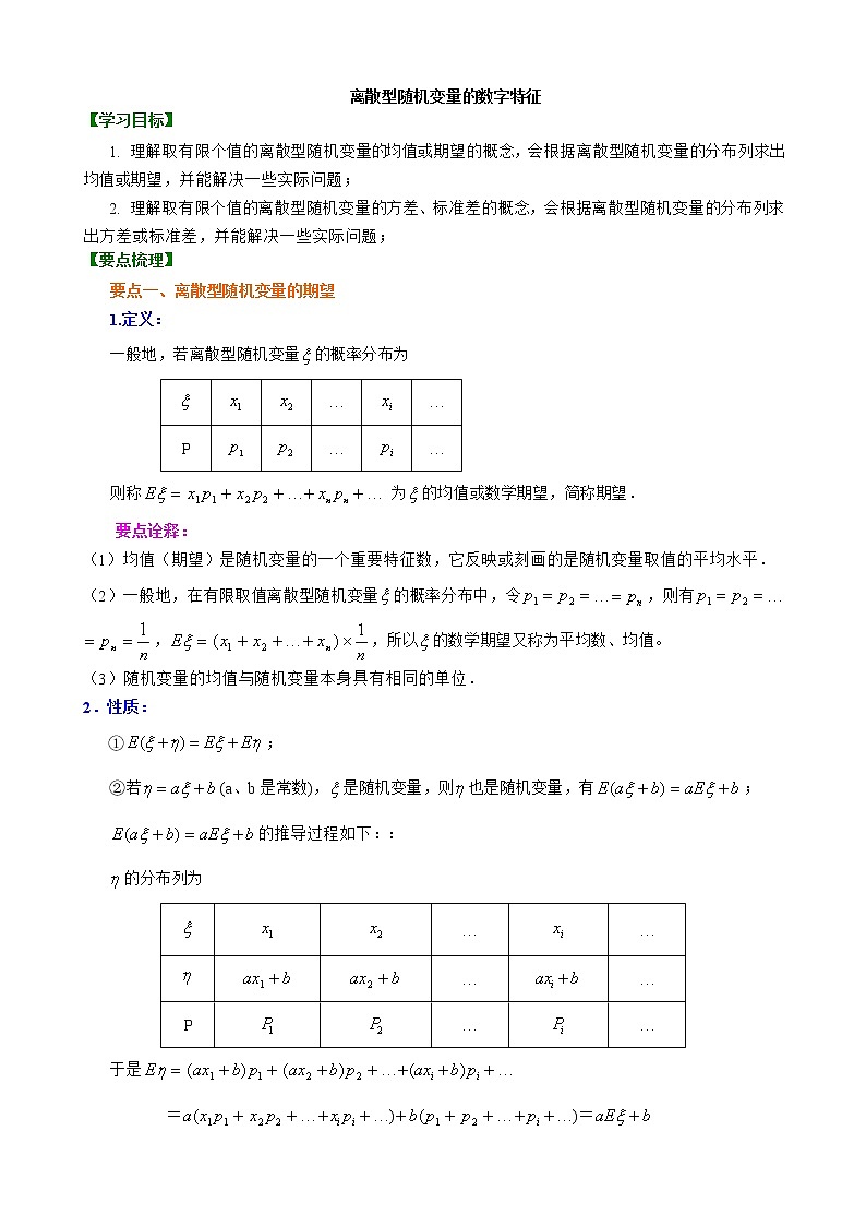 人教A版（2019）7.3  离散型随机变量的数字特征教案第1页