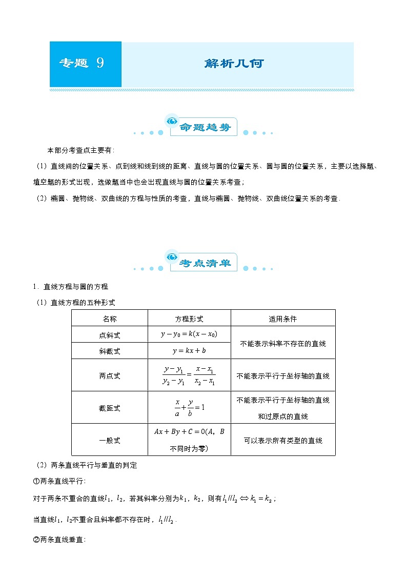 2021届高考数学（文）二轮专题九 解析几何   学案01