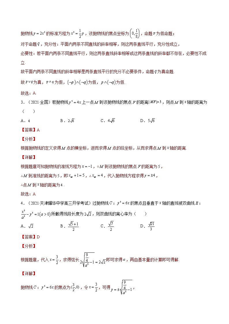 考点03 抛物线-高考数学（理）一轮复习小题多维练（全国通用）（解析版）02
