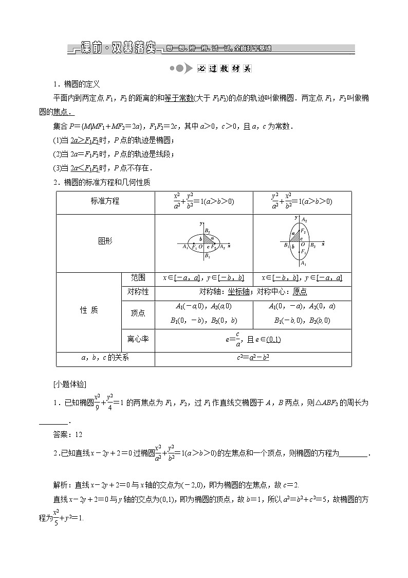 （苏教版）高考数学一轮复习第九章解析几何第五节椭圆教案理（解析版）第1页