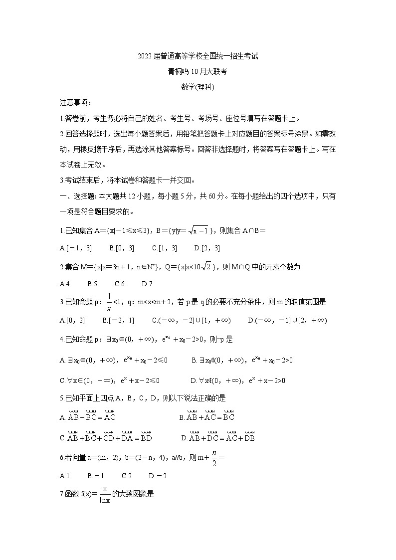 2022届高三普通高等学校全国统一招生考试青桐鸣10月大联考 数学（理） 含答案第1页
