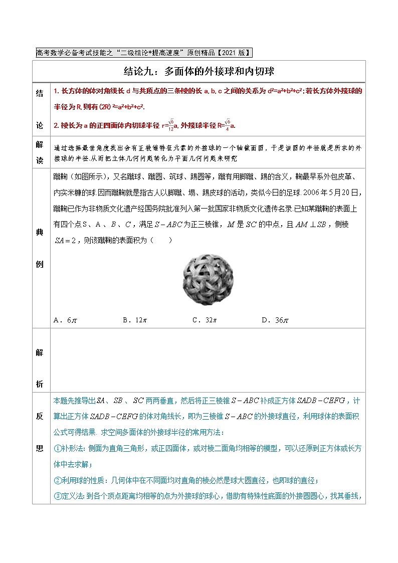 专题09  多面体的外接球和内切球-高中数学必备考试技能（原卷版）学案第1页