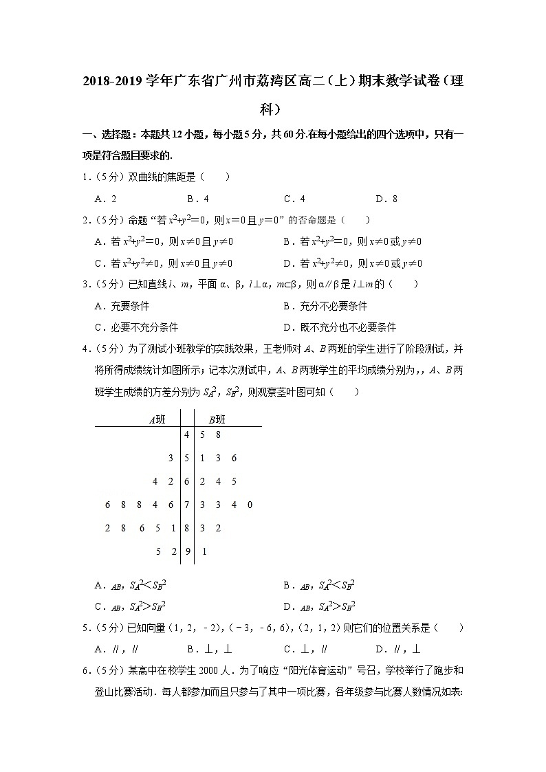 2018-2019学年广东省广州市荔湾区高二（上）期末数学试卷（理科）第1页
