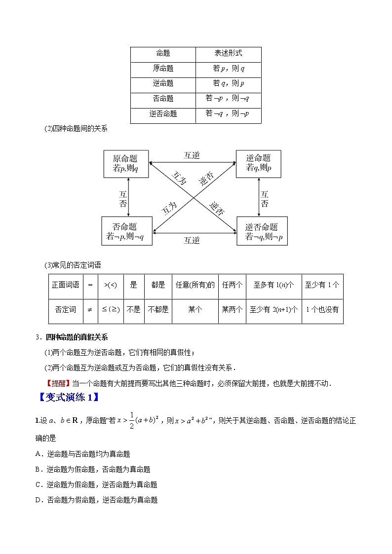 专题02常用逻辑用语 （文理通用）常考点归纳与变式演练（学生版）学案02