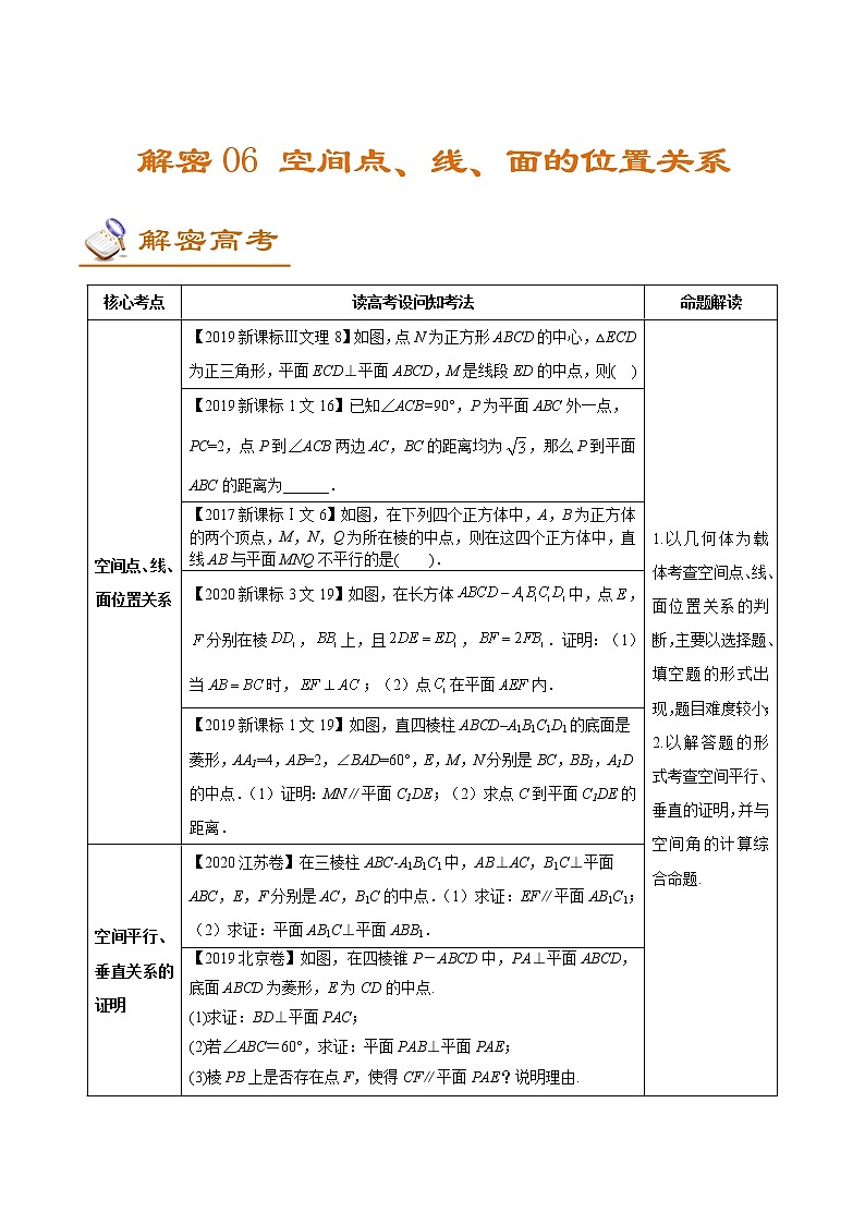 解密06  空间点、线、面的位置关系（讲义）-【高考数学之高频考点解密】练习题学案01