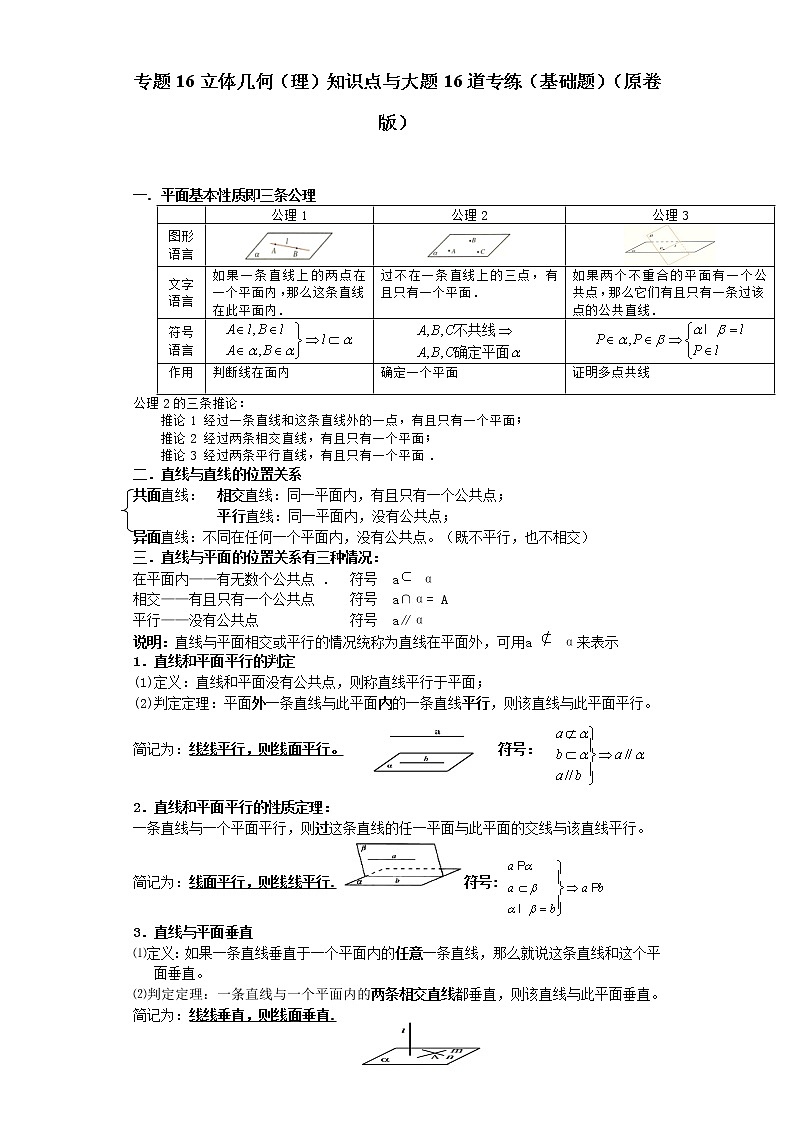 专题16立体几何（理）知识点与大题16道专练（基础题）（原卷版）-备战2022年高考数学大题分类提升专题学案第1页