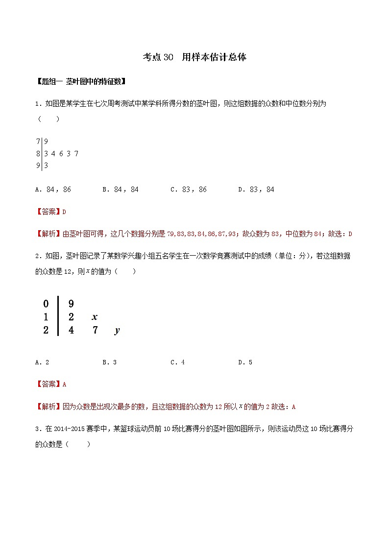 考点30 用样本估计总体（练习） （解析版）01