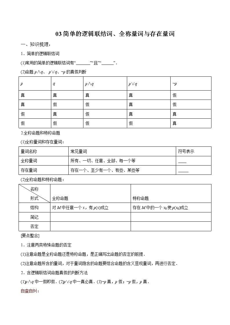 一轮复习专题03 简单的逻辑联结词、全称量词与存在量词（原卷版）教案第1页