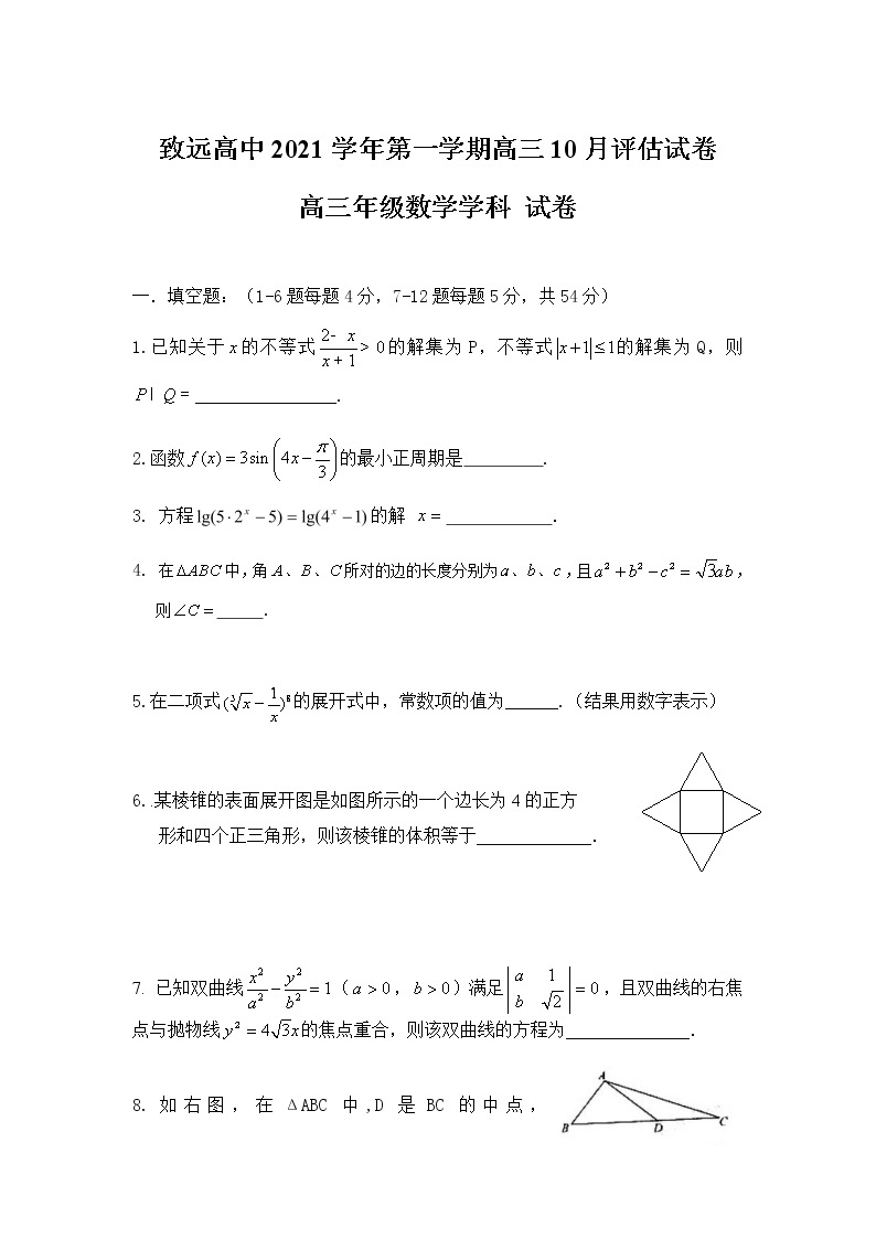 上海市奉贤区致远高级中学2022届高三上学期10月评估数学试题 含答案01