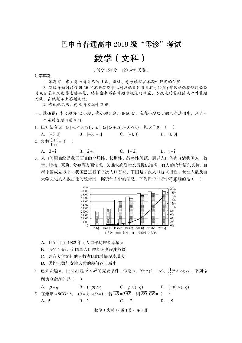 四川省巴中市2022届高三上学期“零诊”数学（文科）试题 PDF版含答案01