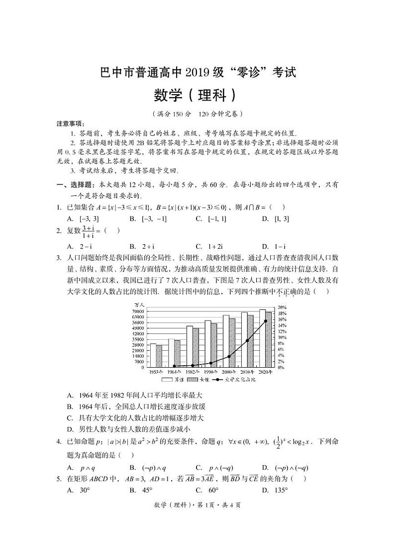 四川省巴中市2021-2022学年高三上学期“零诊”数学（理科）试题第1页