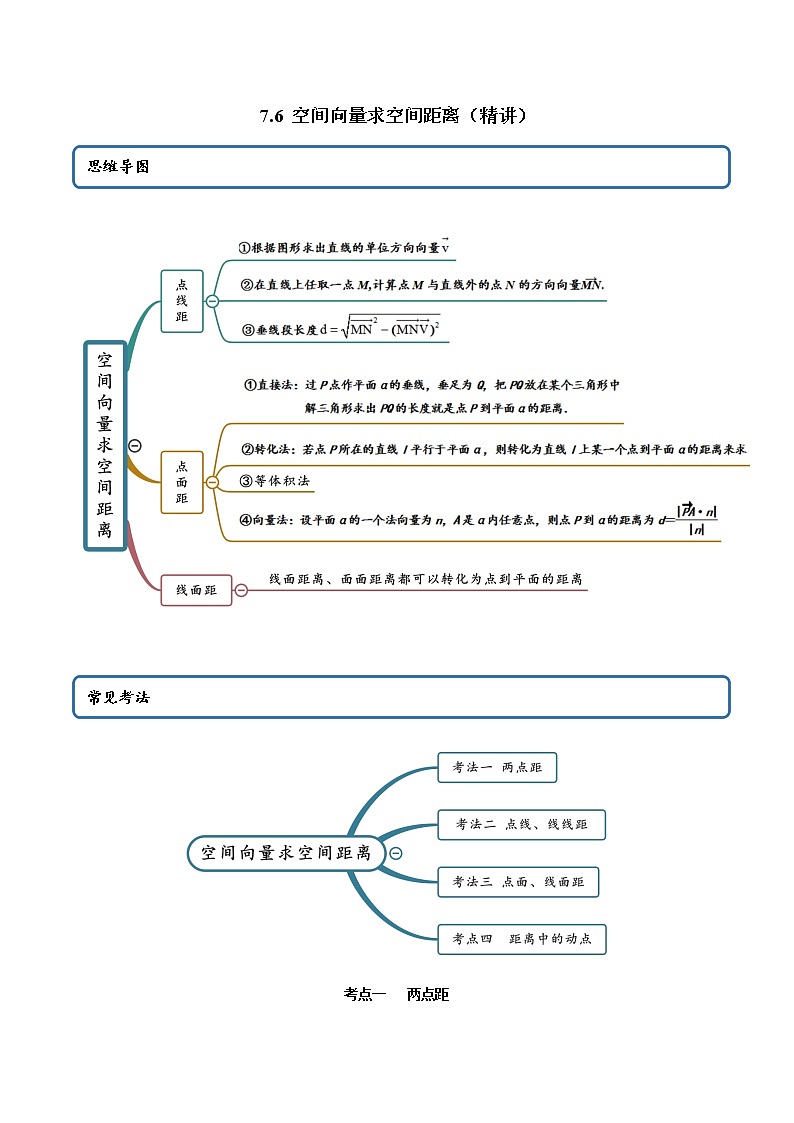 7.6 空间向量求空间距离（精讲+精练+原卷+解析）01