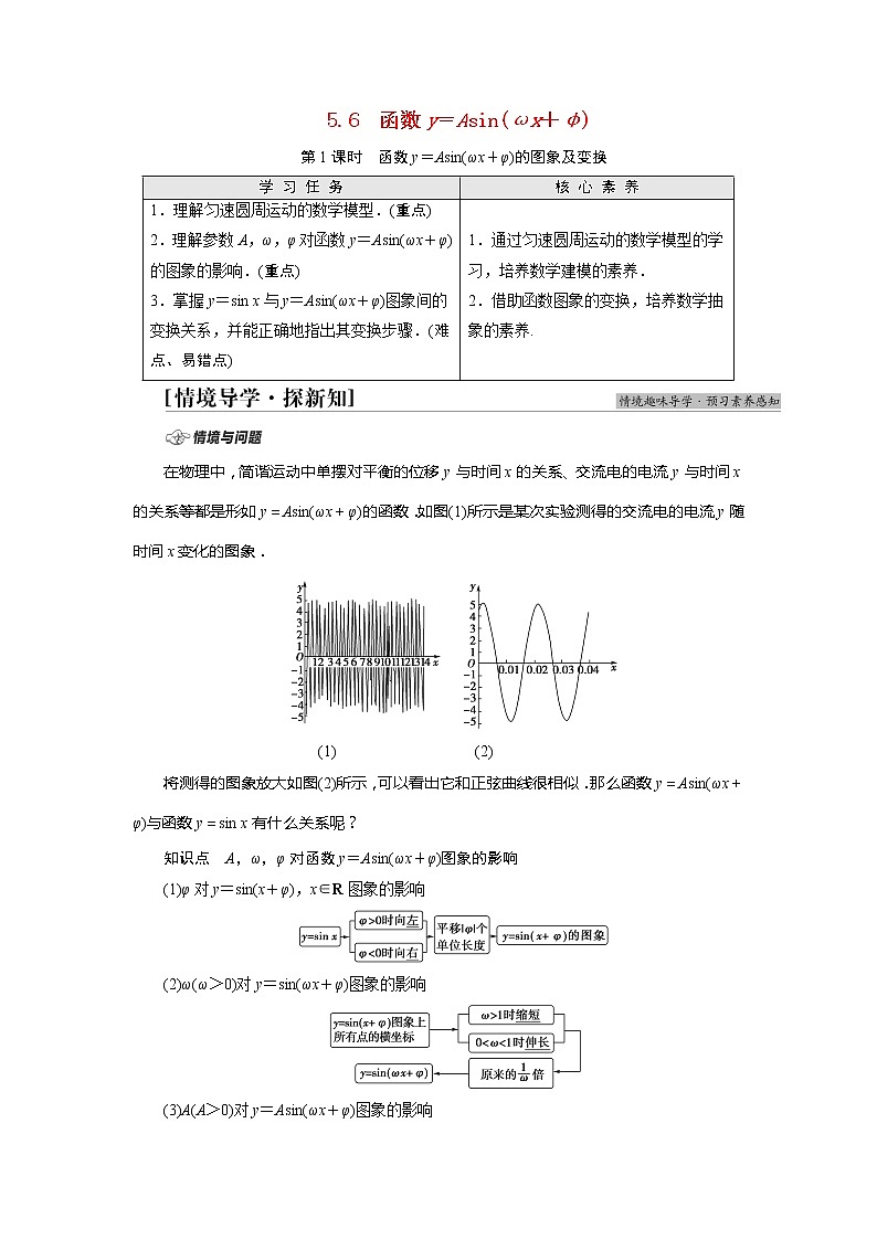2022届高中数学人教版（2019）必修第一册 第5章 5.6第1课时函数y＝Asinωx＋φ的图象及变换 学案01