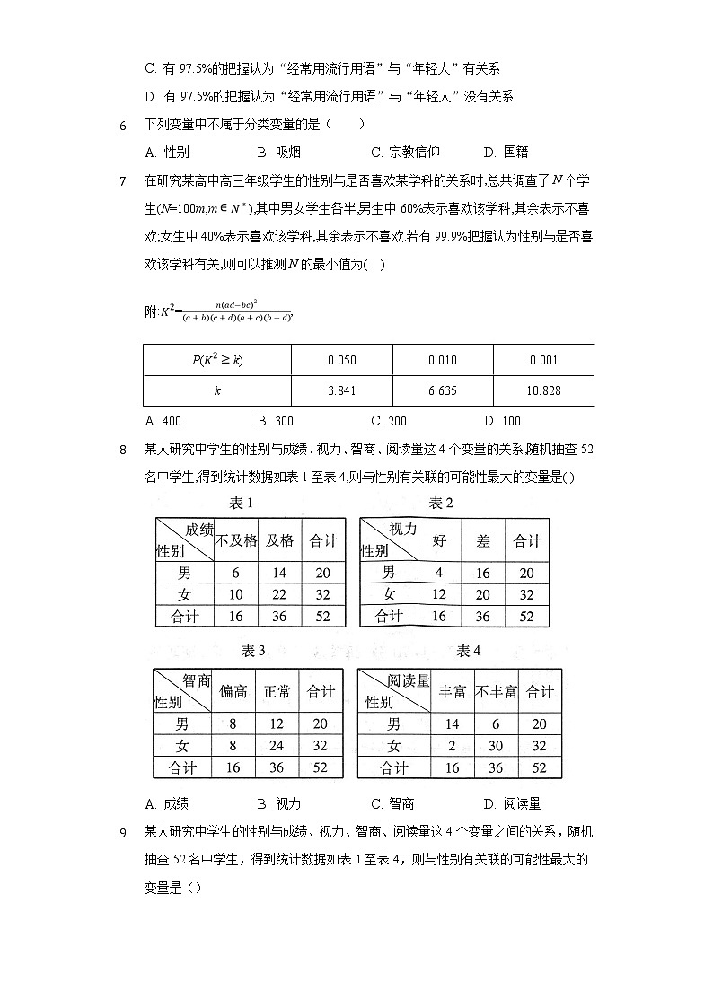 8.3列联表与独立性检验     同步练习    人教A版（2019）高中数学选择性必修第三册第3页