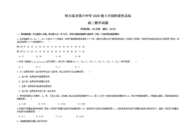 黑龙江省哈尔滨市第六中学2021-2022学年高二上学期第一次月考数学试题 含答案01