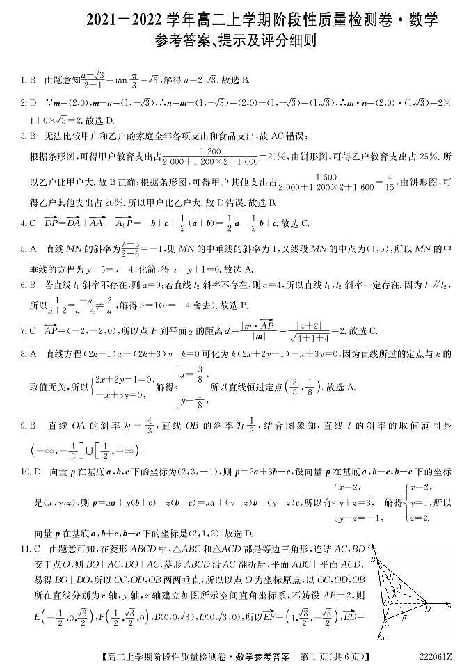 安徽省部分学校2021-2022学年高二（上）阶段性质量检测数学答案第1页