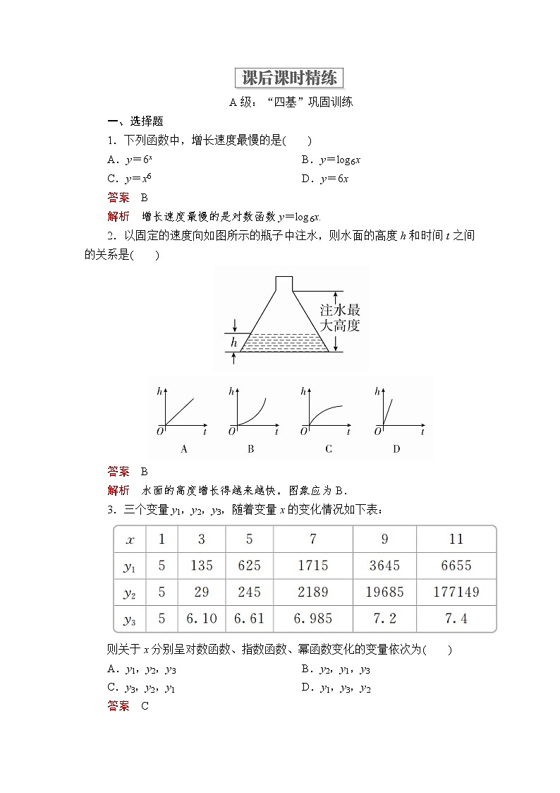 2020-2021学年高中数学人教A版（2019）必修第一册 4.4.3 不同函数增长的差异 作业2第1页