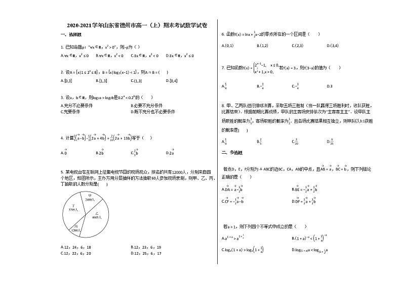 2020-2021学年山东省德州市高一（上）期末考试数学试卷人教A版（2019）第1页