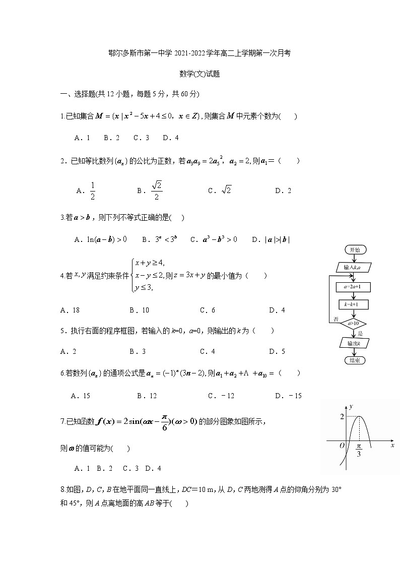 内蒙古鄂尔多斯市第一中学2021-2022学年高二上学期第一次月考数学（文）试题 含答案第1页