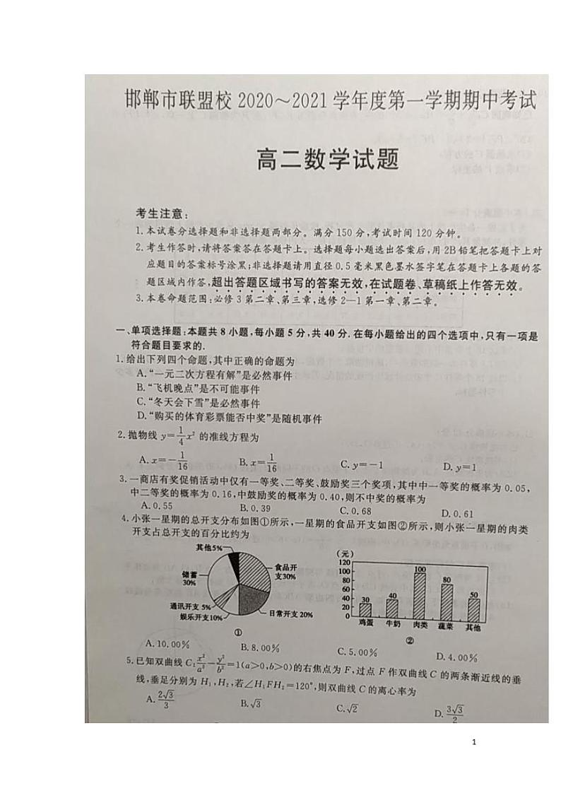 2020-2021学年河北省邯郸市联盟校高二上学期期中考试数学试题 PDF版第1页