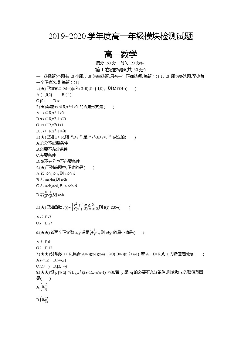 7、山东省济南市历城第二中学2019-2020学年高一上学期10月月考数学试题（学生版）01