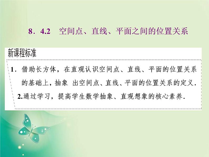2020-2021学年高中数学新人教A版必修第二册 8.4.2  空间点、直线、平面之间的位置关系 课件（36张）01