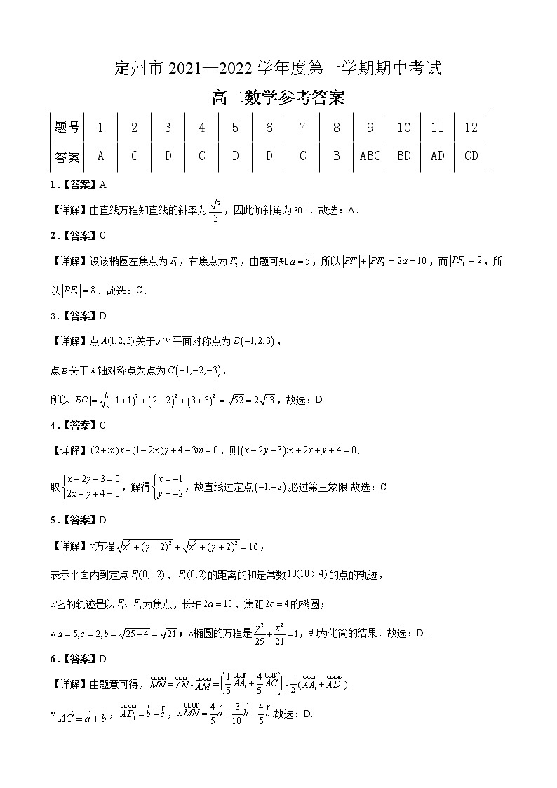 河北省保定市定州市2021-2022学年高二上学期期中考试数学试题扫描版含答案01