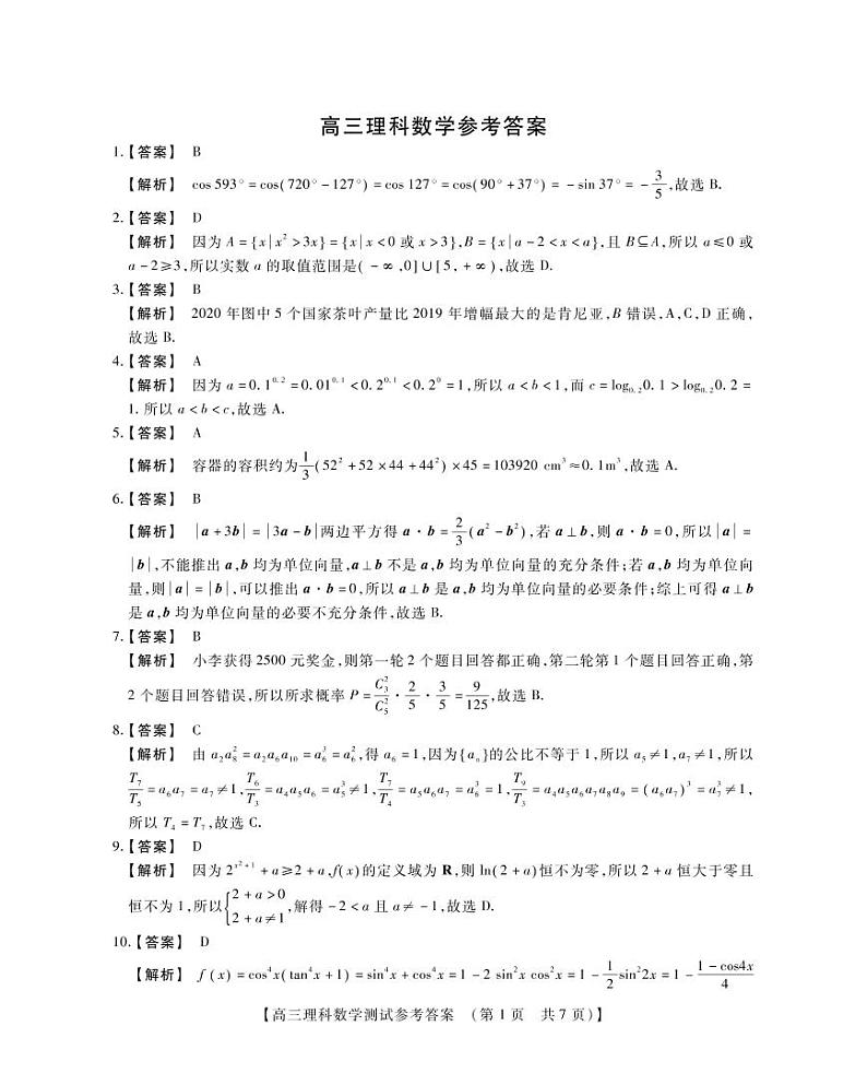 河南省重点中学2022届高三年级模拟调研（一）---理科数学参考答案第1页