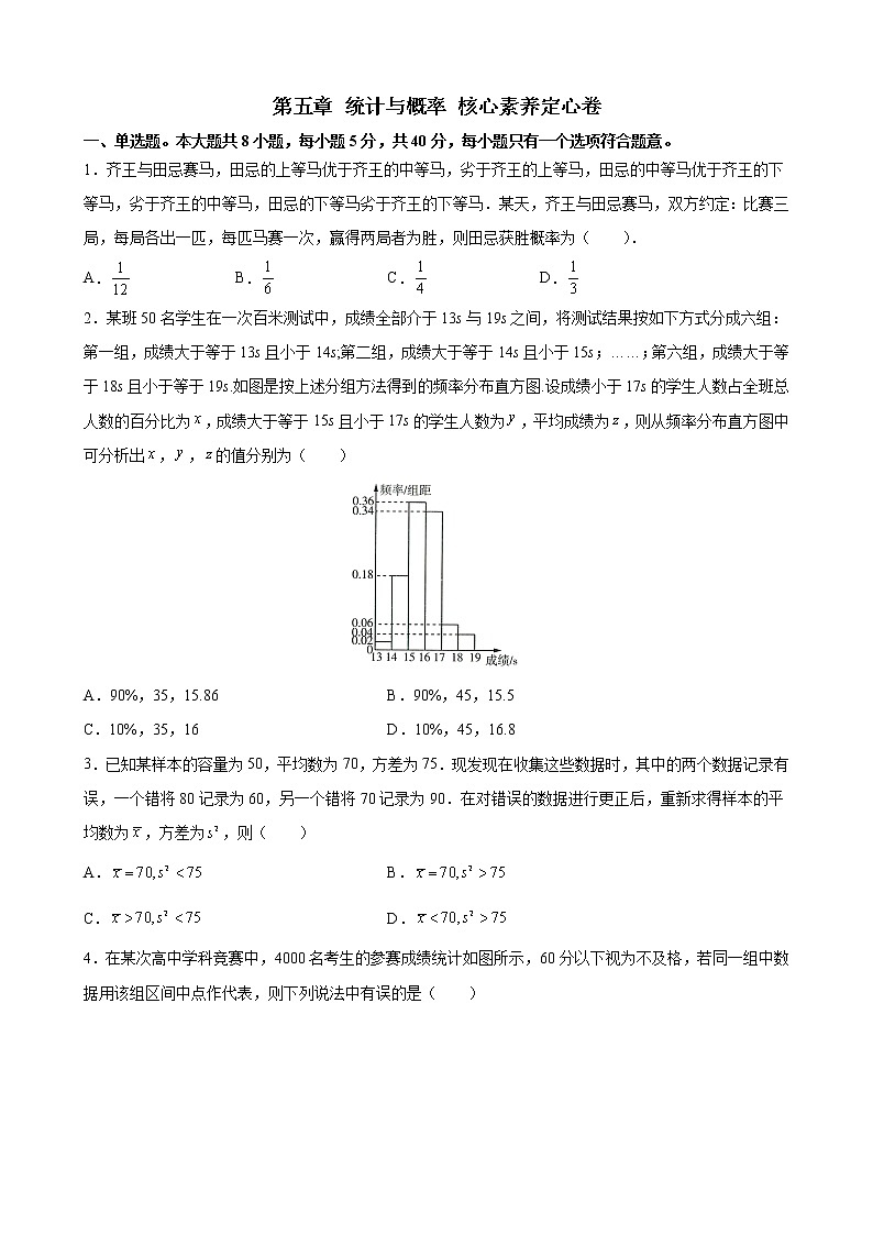 第五章 统计与概率 核心素养单元测试定心卷-2021-2022学年高一上学期数学人教B版（2019）必修第二册（word版 含答案）第1页
