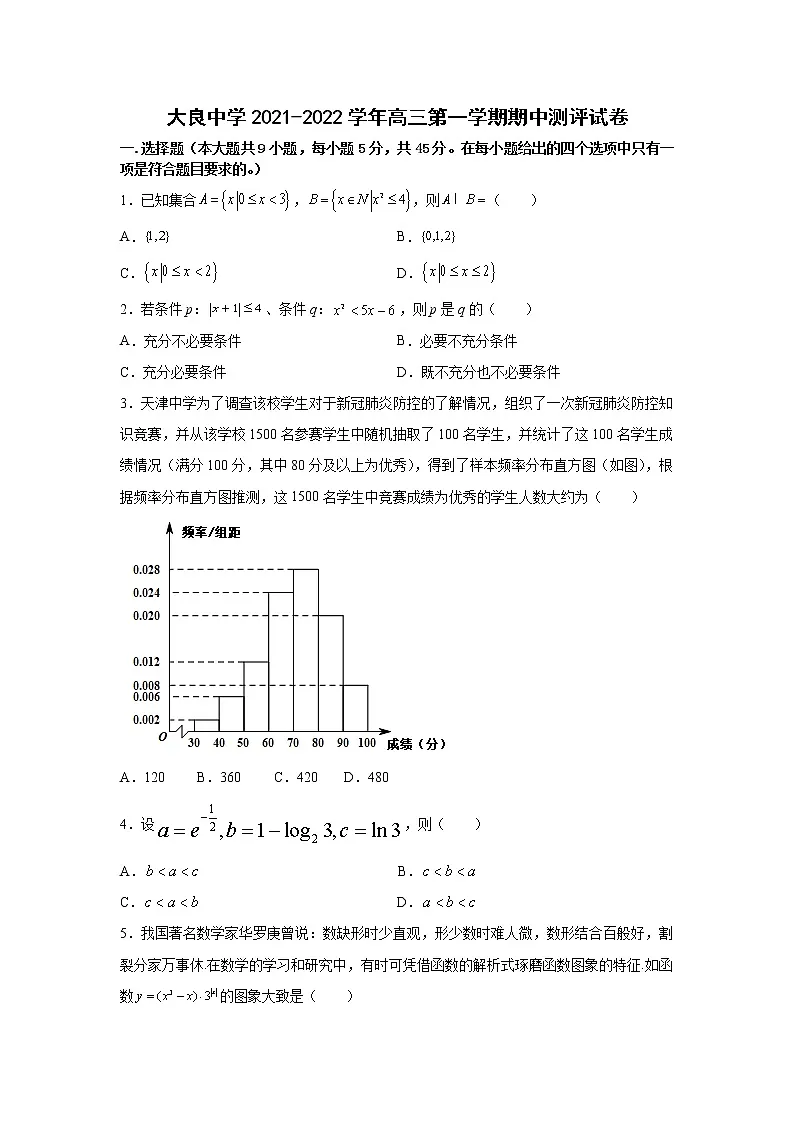 天津市武清区大良中学2021-2022学年高三上学期期中测评数学【试卷+答案】第1页