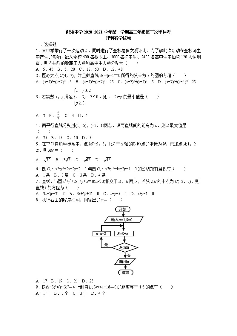 2020-2021学年安徽省宣城市郎溪中学高二上学期10月第三次半月考理科数学试题 Word版01