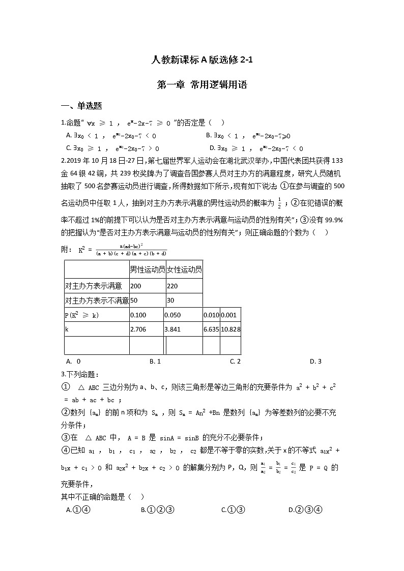 人教新课标A版选修2-1 第一章 常用逻辑用语 单元练习（含答案）01