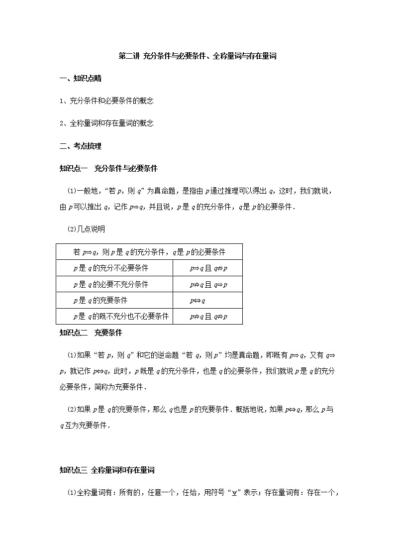 第二讲充分条件与必要条件、全称量词与存在量词(A版）学案01