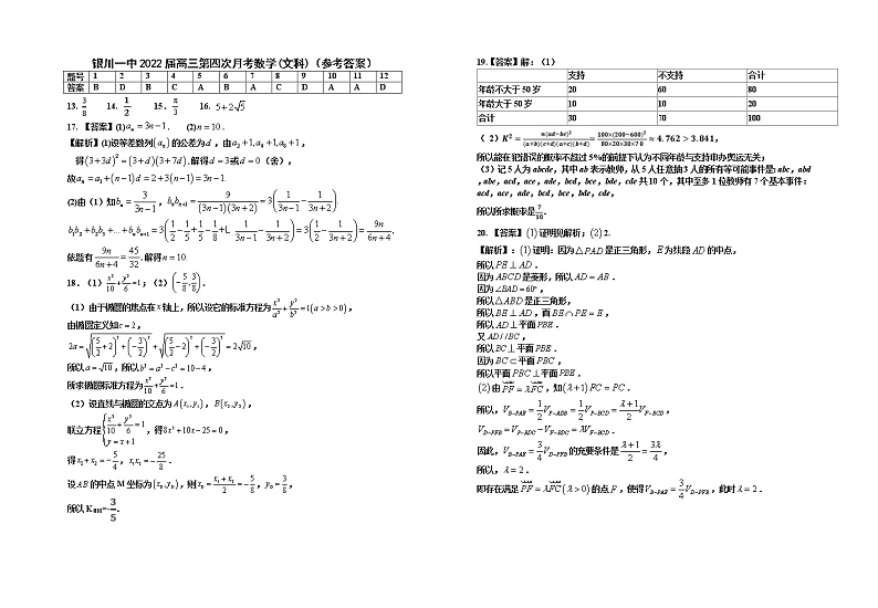 2022届第四次月考数学(文科)试卷答案第1页