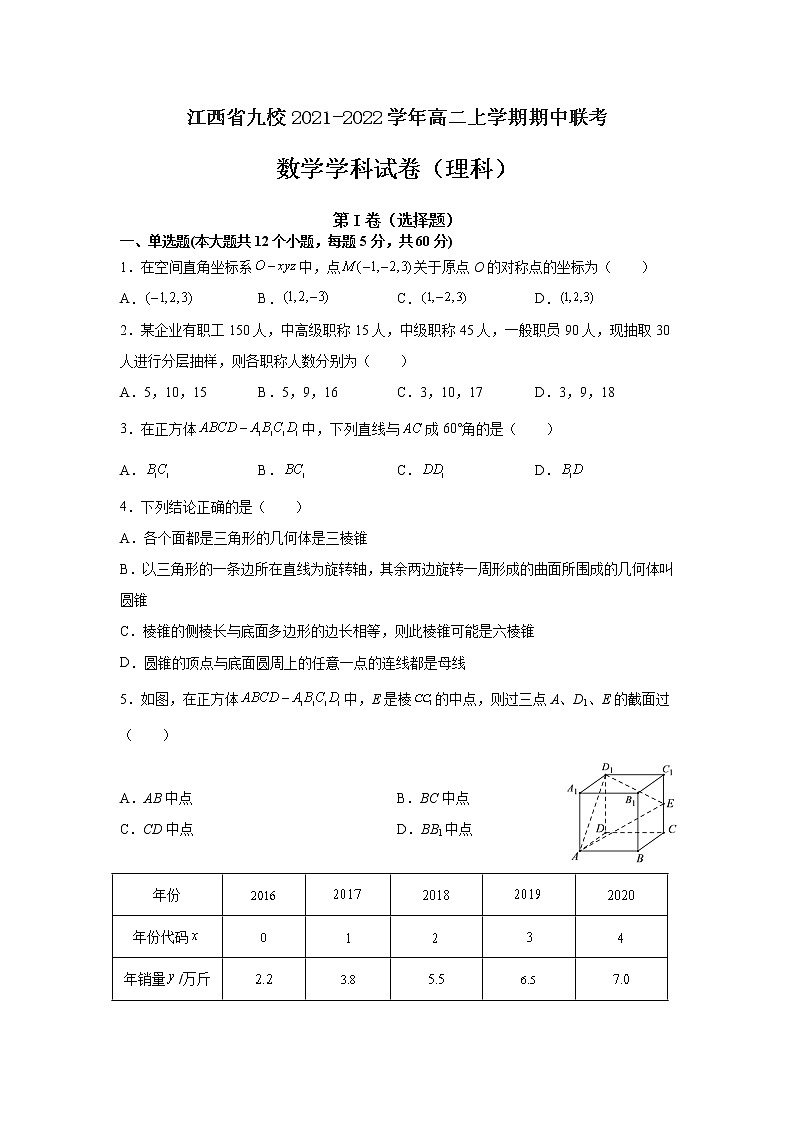 江西省九校2021-2022学年高二上学期期中联考数学（理）试题含答案第1页