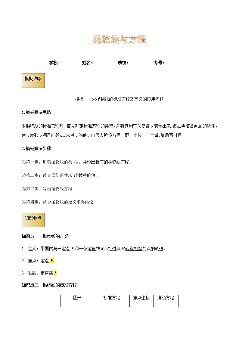 高考数学专项解题方法归纳探究（全国通用）模板14 抛物线与方程（解析版）第1页