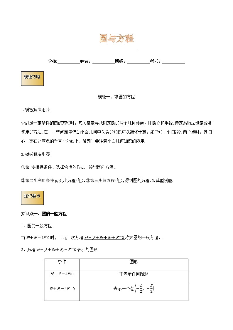 高考数学专项解题方法归纳探究（全国通用）模板11 圆与方程（解析版）第1页