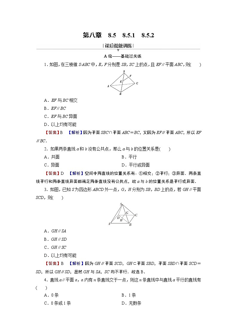 新人教A版（2019）必修二数学8.5.2直线与平面平行 （课件+教案+配套练习含解析）01