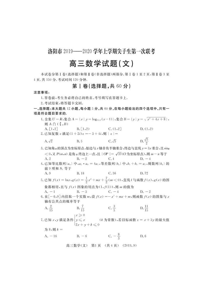 河南省洛阳市2020届高三上学期尖子生第一次联考文数试题（含答案）01