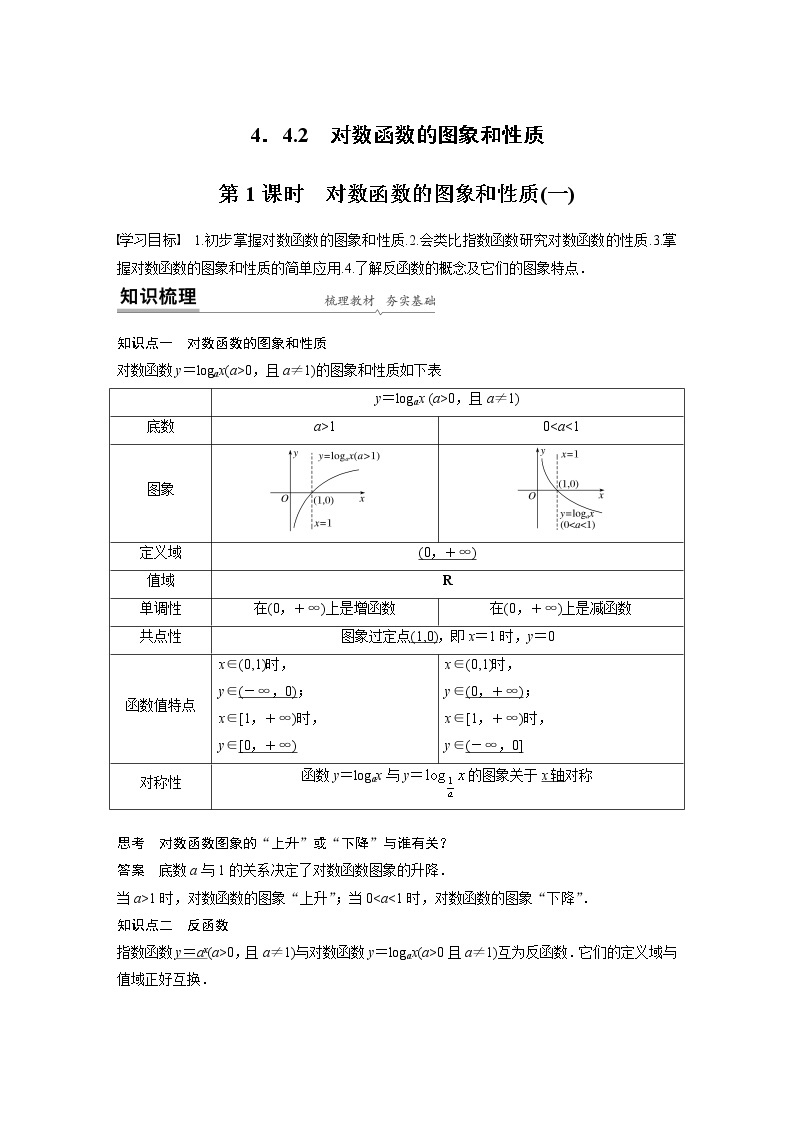 2022年高中数学新教材人教A版必修第一册学案第四章 4.4.2 第1课时 对数函数的图象和性质(一)01