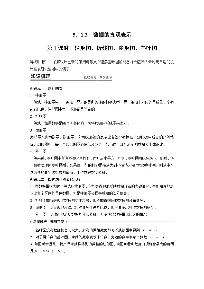 2022年高中数学新教材人教B版必修第二册学案第五章 5.1.3　第1课时　柱形图、折线图、扇形图、茎叶图01