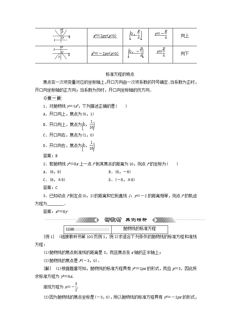 第三章圆锥曲线与方程 3.1抛物线的标准方程 学案02