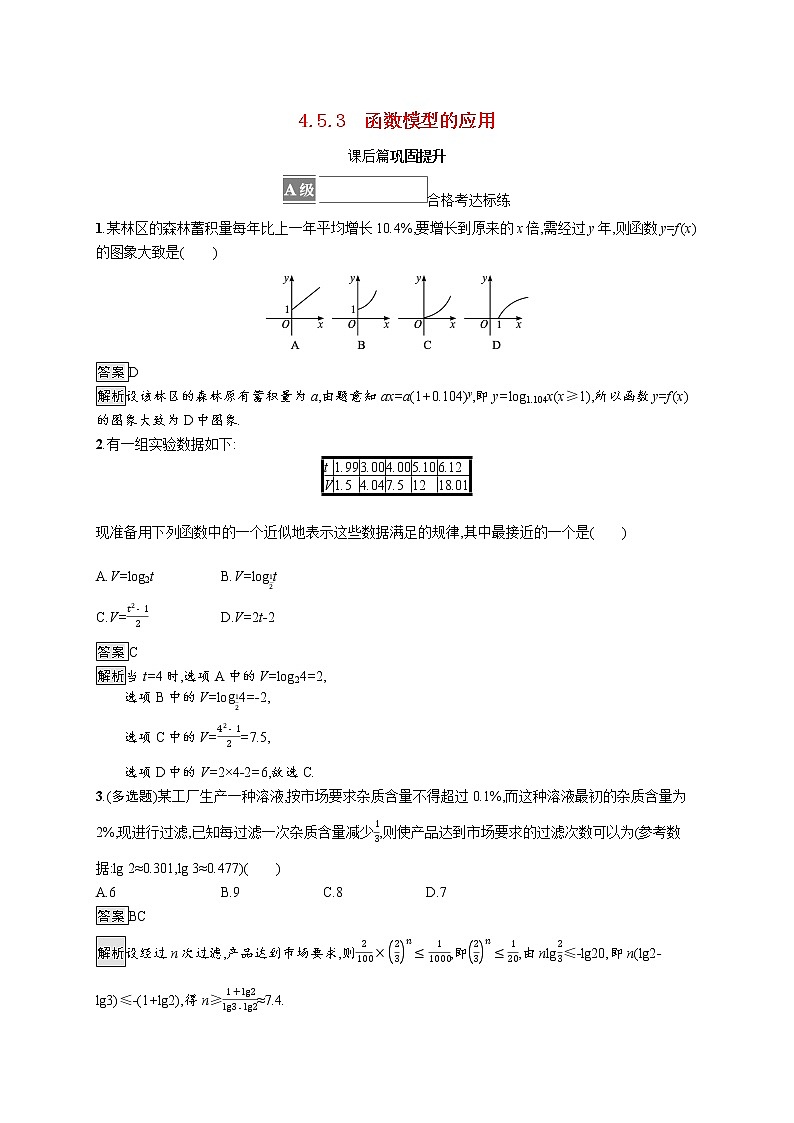 2021_2022学年新教材高中数学第四章指数函数与对数函数4.5.3函数模型的应用课后篇巩固提升含解析新人教A版必修第一册练习题01