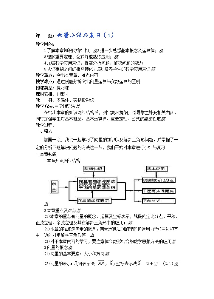 2012年重点中学数学复习学案 第22课时 小结与复习（1）（湘教版必修二）教案第1页